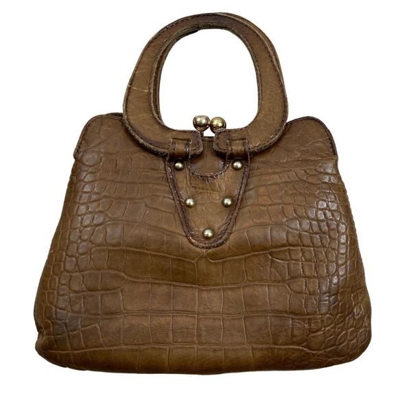 Vintage Genuine Brown Leather Kiss Lock‎ Closure Handbag - Picture 1 of 10